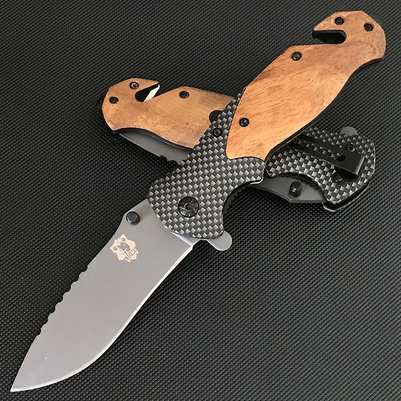 

Liome Tactical Folding Knife Wooden Handle Outdoor Multifunctional Camping Survival Security Defense Pocket Knives EDC Tool