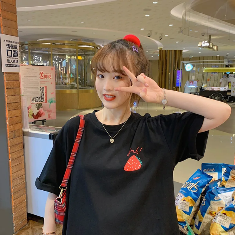 

Women O Neck Summer Sweet Cottagecore T Shirts Short Sleeve Strawberry Print Tops 2021 Street Indie New Fashion Cute Kawaii Tees
