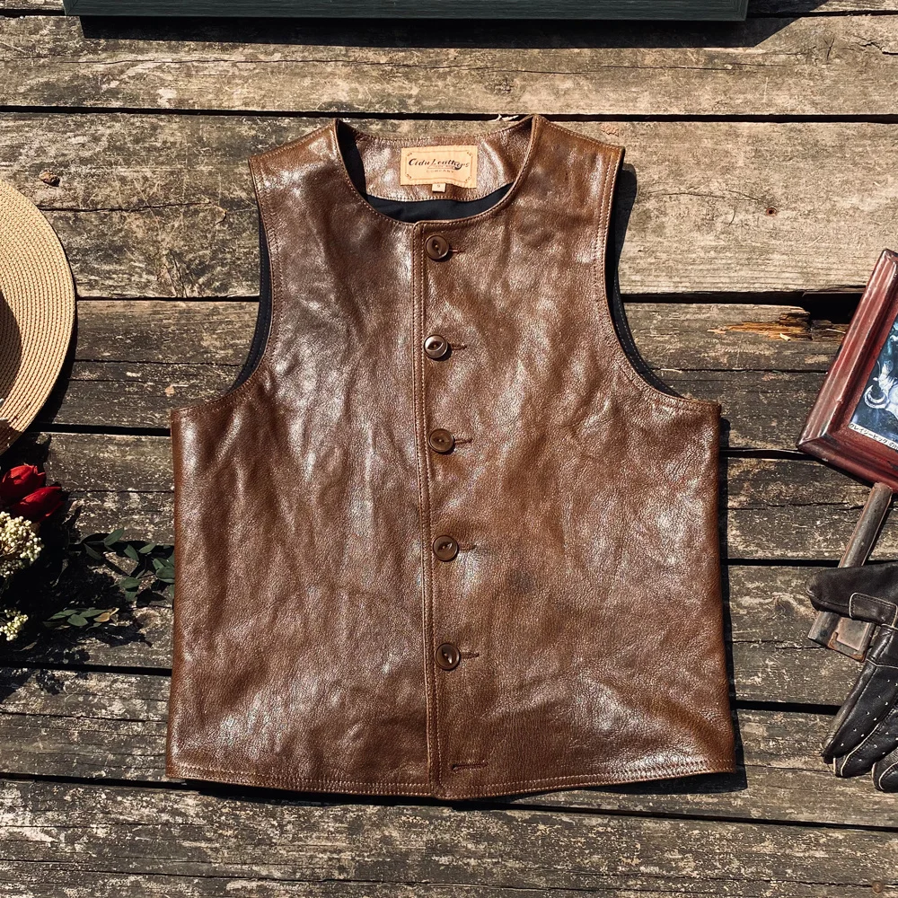 

Real High Wear Quality Western Leather Vest Mens Genuine Sleeveless Jackets Sheepskin Waistcoat Vintage Brown Safari Style