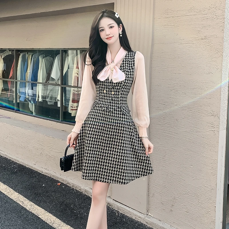 

COIGARSAM Women's Dress Spring 2022 New Cute Patchwork Plaid Bow Dresses Dropshipping