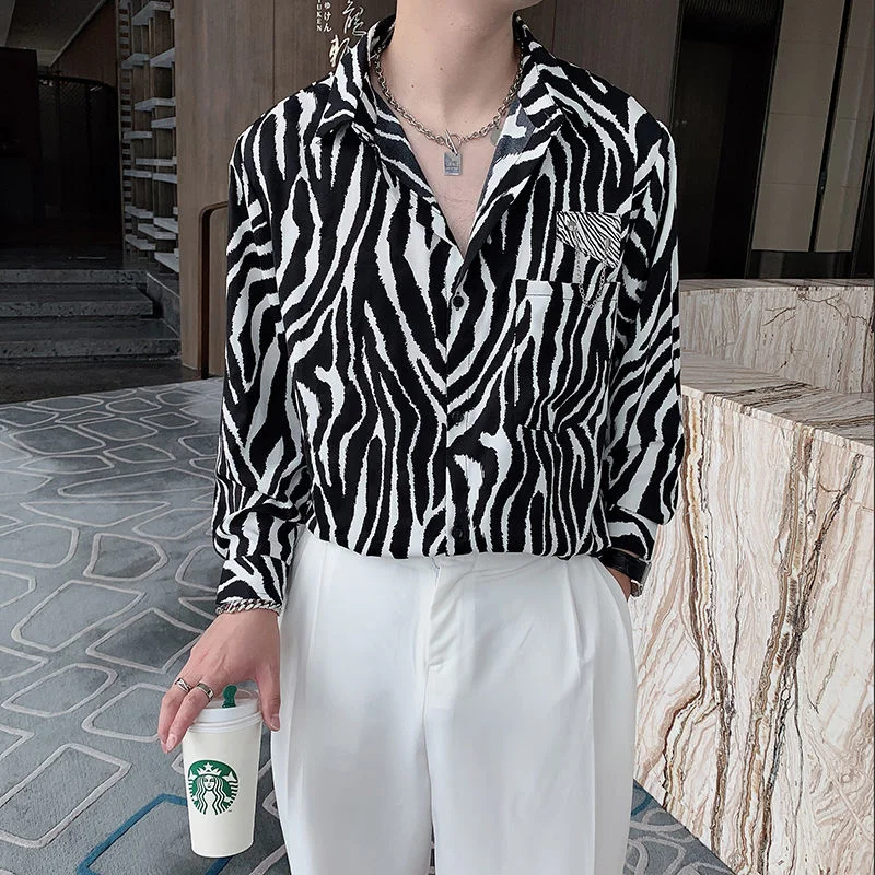 

Italian Autumn Zebra Print Long-sleeved Male Korean Lazy Style Trend Fancy For Men Brand Fashion Shirt