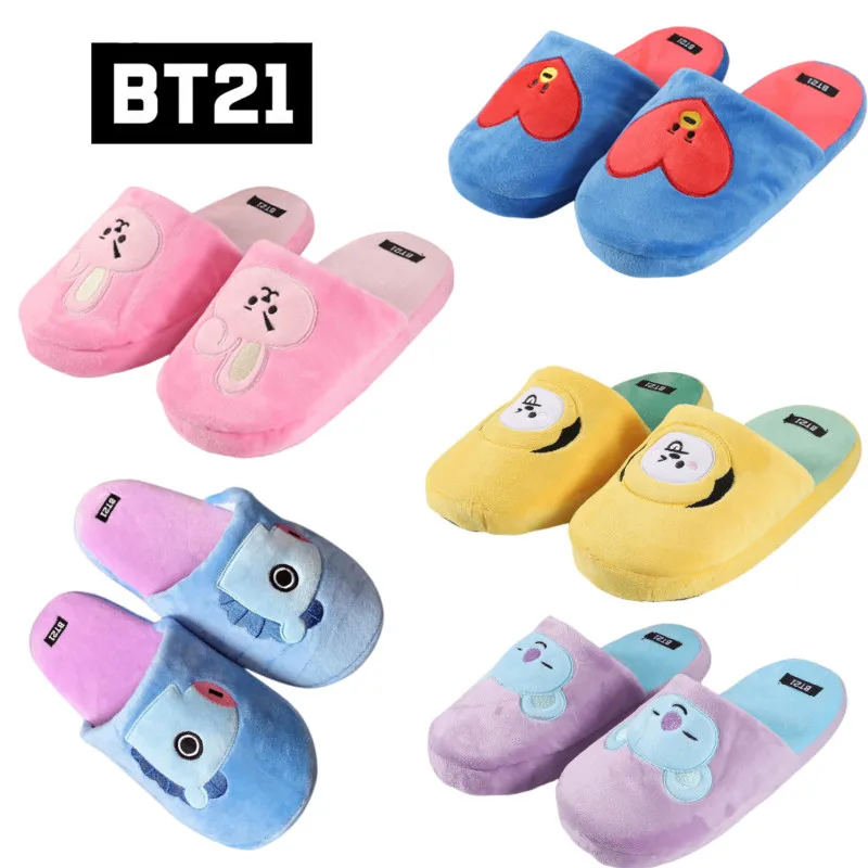 

Bt21 Kpop аниме осень-зима мультфильм аниме Женская внутренняя нескользящая обувь для деревянного пола теплые хлопковые тапочки для пар