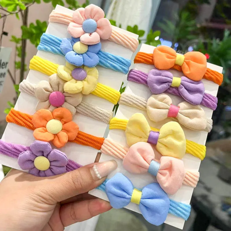

6PCS/Set Simple Solid Color Flower Bow High Elastic Hair Band For Girl Children Cute Rubber Ponytail Ties Fashion Accessories
