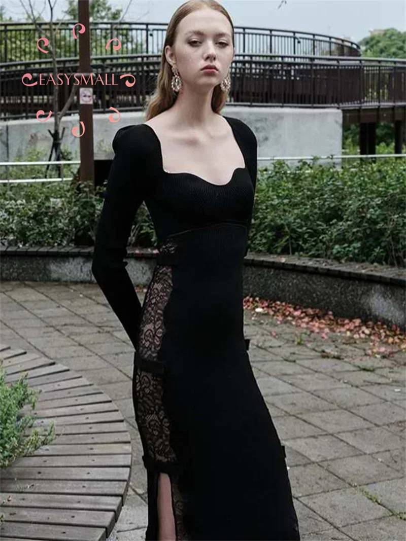 

Easysmall SP Gaoding Dress for Women's Autumn New Split Lace Panel Black V-neck Sexy Knitted Long Dress Backless Tank Dresses