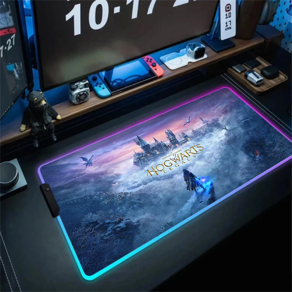 RGB Gamer Keyboard Mouse Pad H-Hogwarts Legacy Cartoon Table Large LED Glowing Mice Mat Rubber Computer Non-slip Mausepad