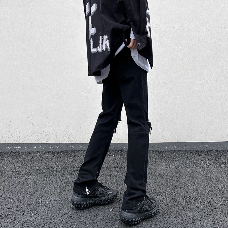 Black Ripped Jeans Men Elastic Fit Fashion Casual Straight Jeans Men Japanese Streetwear Hip-hop Hole Denim Pants Mens Trousers