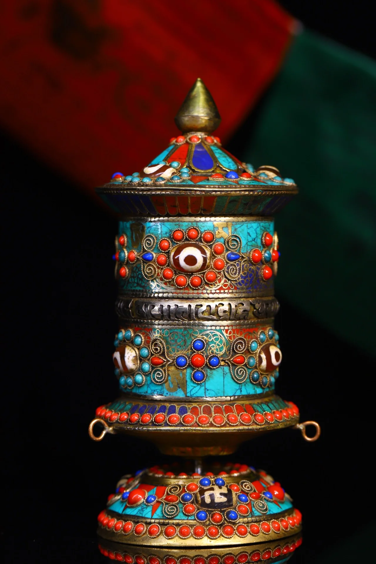 

6" Tibetan Temple Collection Old Bronze Gilt Gem Dzi Beads Six Character Proverbs Prayer Wheel chanting Amulet Dharma Town house