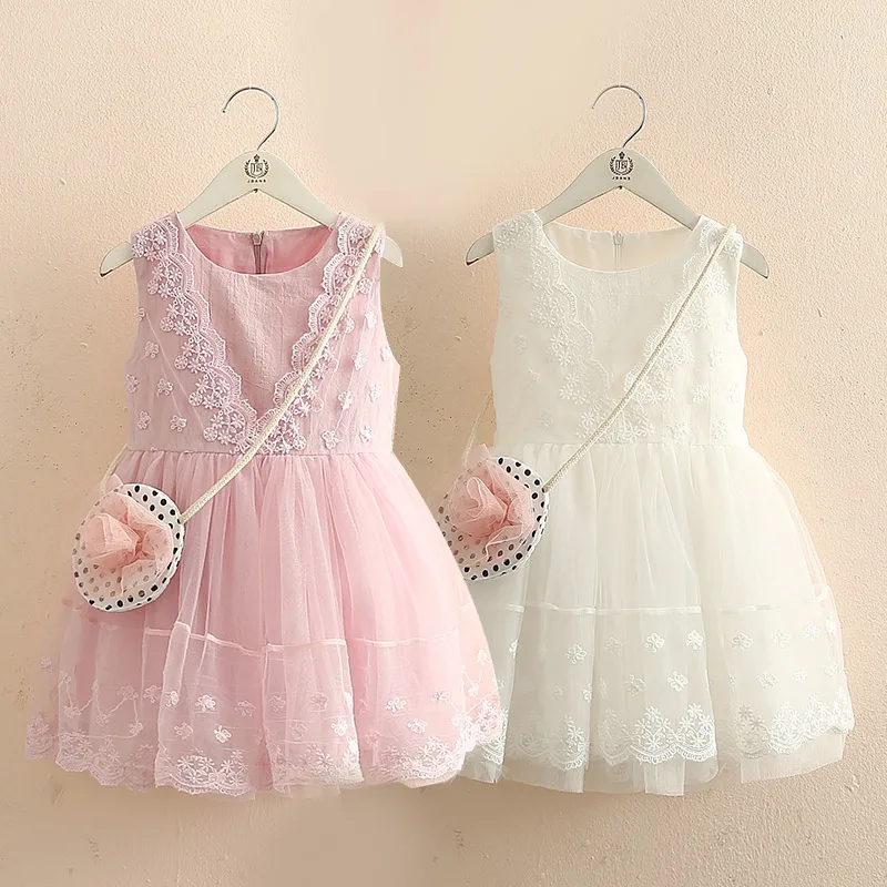 

2023 Summer Fashion 3 4 6 8 9 10 12 Years Teenager Floral White Sleeveless Lace Mesh Ball Gown Dress With Bag For Kids Baby Girl