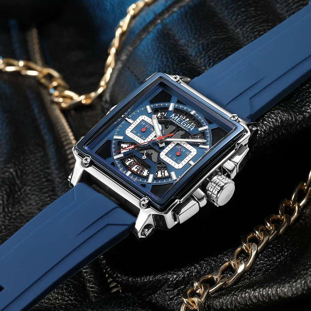 MEGIR черный квадратный циферблат модные мужские кварцевые часы с хронографом