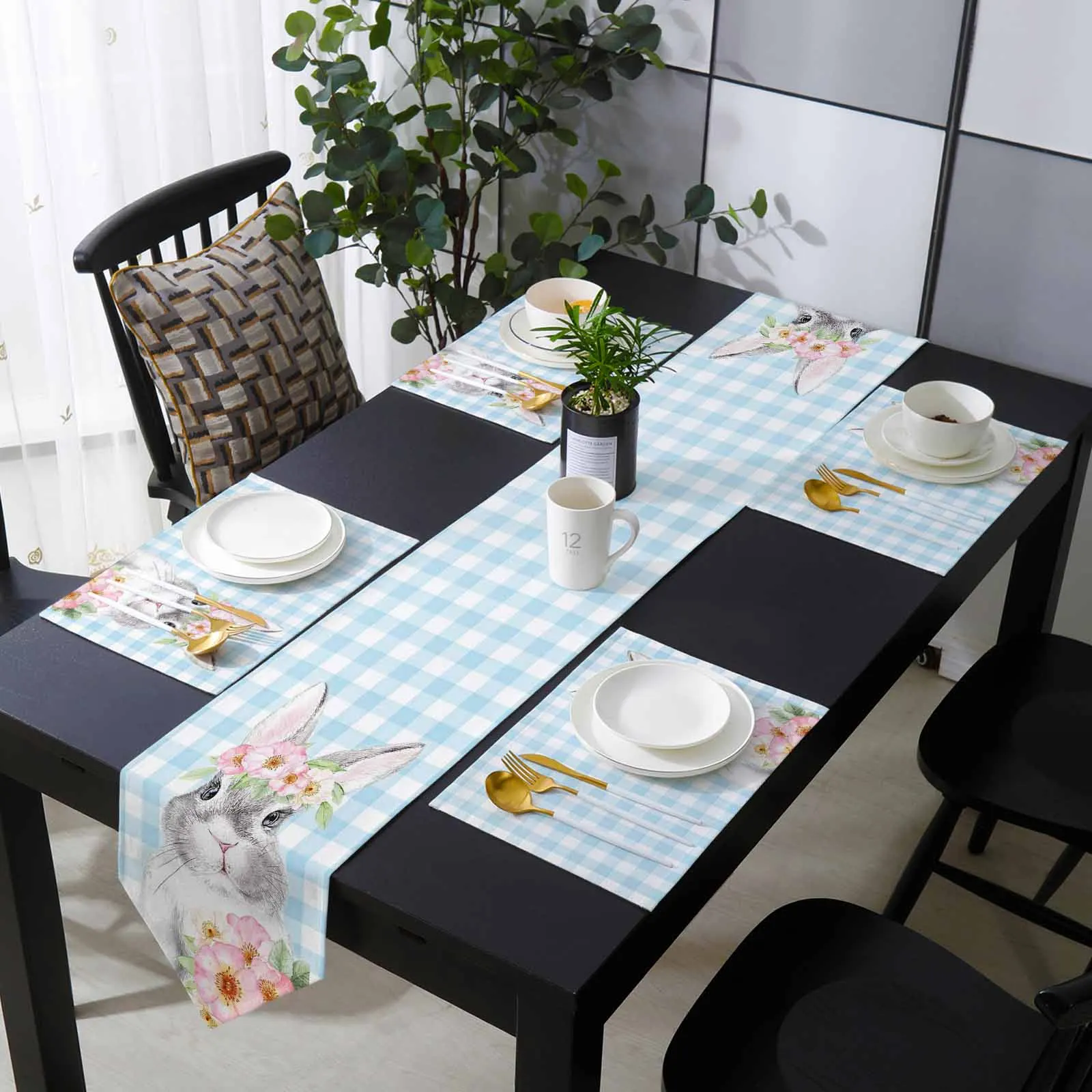 

Easter Blue Plaid Rabbit Flower Table Runner Set Dining Wedding Party Home Decoration Table Mat Utensils for Kitchen Accessories