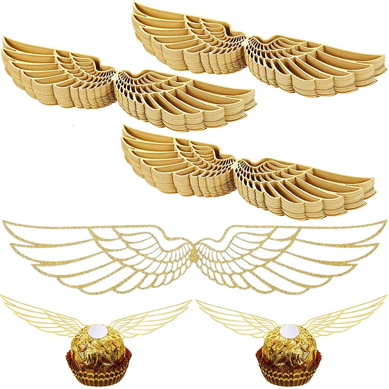 

50Pcs Wizard Party Chocolate Decoration, Chocolate Hollowed Wings Decoration Glitter Wing Cake Card Insert For Party Cake Top
