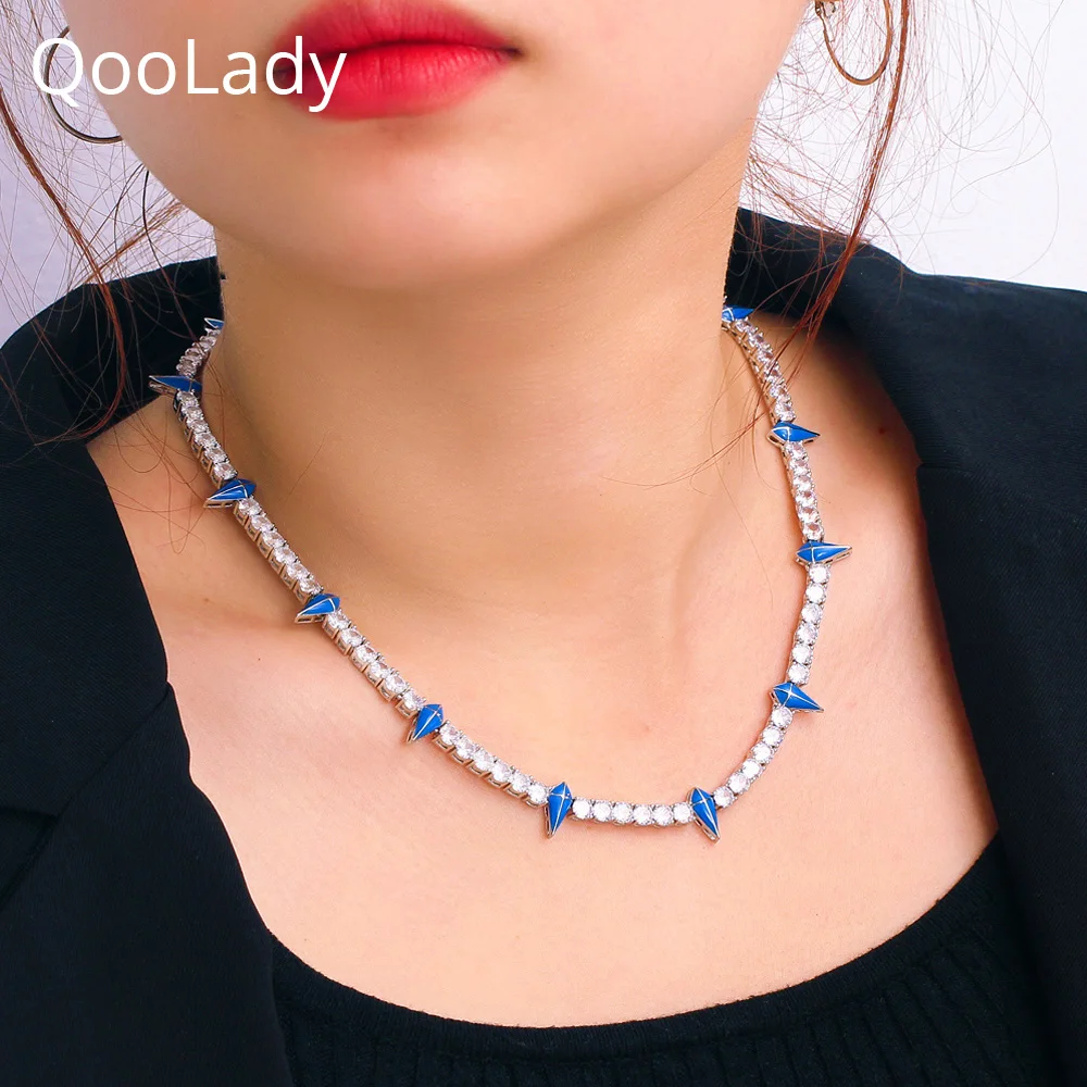 

QooLady Уникальный Королевский Синий шип очаровательный кубический цирконий цепь Чокер ожерелья для женщин 2023 Модные женские ювелирные изделия N016