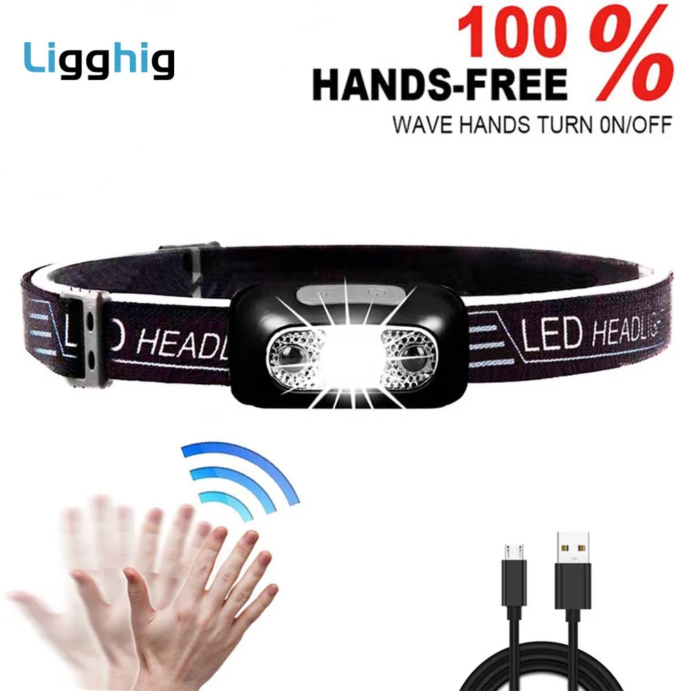 

USB Rechargeable Powerful Headlamp LED Zoom Sensor Headlight Outdoor Super Bright Flashlight Outdoor Hiking Lantern Torch Light