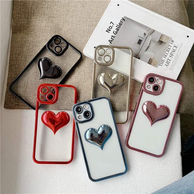 

12 Case Luxury 3D Heart Plated Clear Cases for iPhone 11 12 Pro max Transparent Electroplated Cover 13 Pro Max