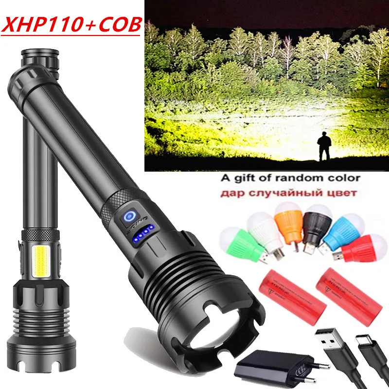 

60000 LM Bright XHP110+COB LED Led Flashlight USB Rechargeable Waterproof Lamp Portable Long Use 2*26650/2*18650 Battery Camp