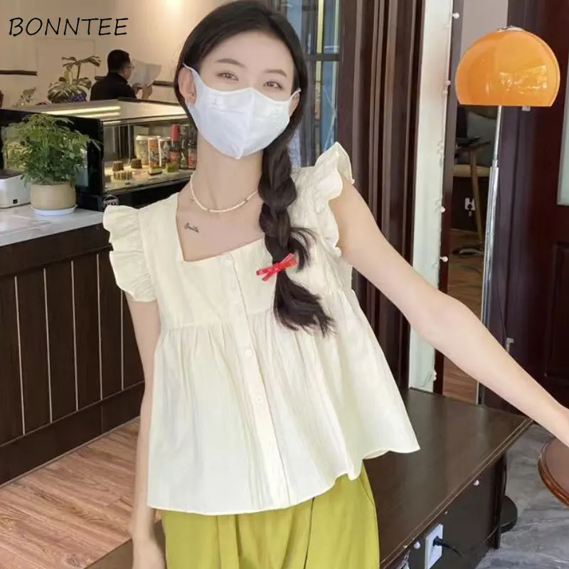 

Shirts Women Sweet Summer Girlish New Literary Graceful Ruffles Design Gentle Casual Streetwear Fashion Korean Style Loose Ins