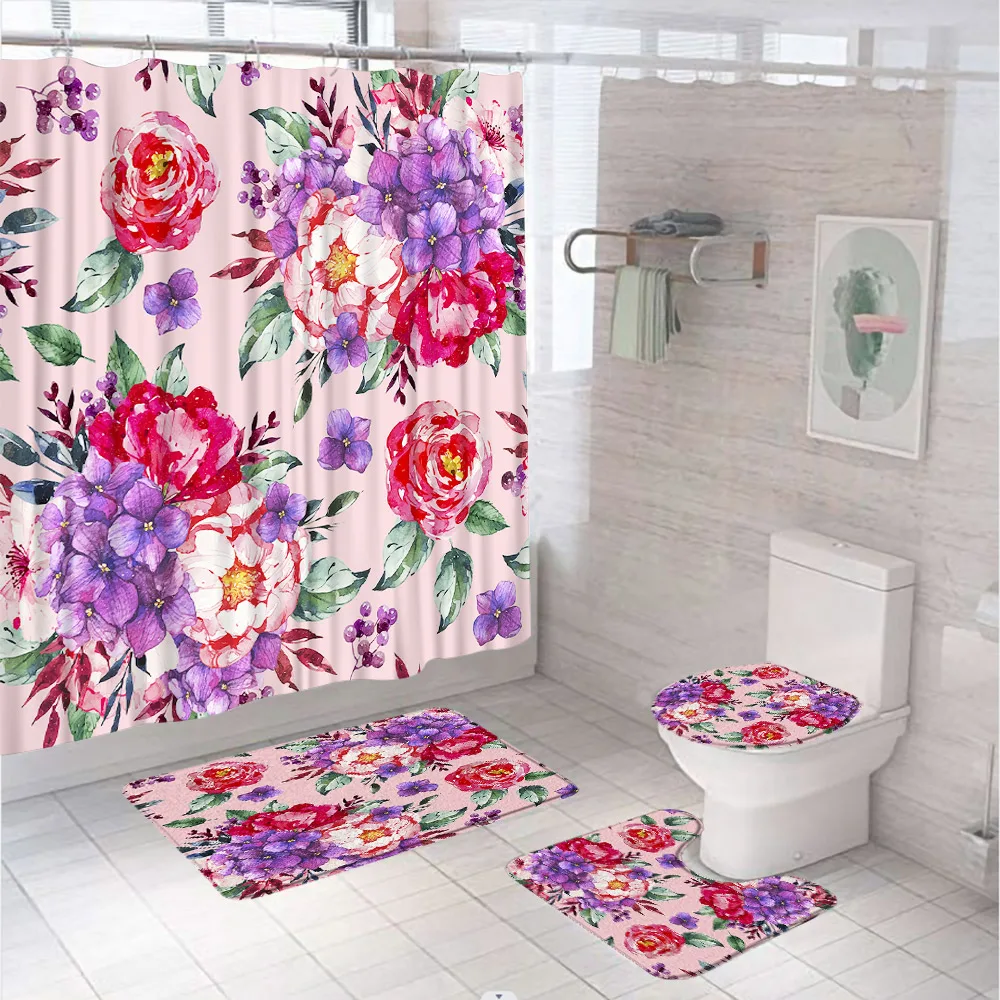 

Pink Purple Watercolor Flower Shower Curtain Set Spring Floral Leaves Bathroom Curtains Anti-slip Bath Mat Toilet Lid Cover Rugs