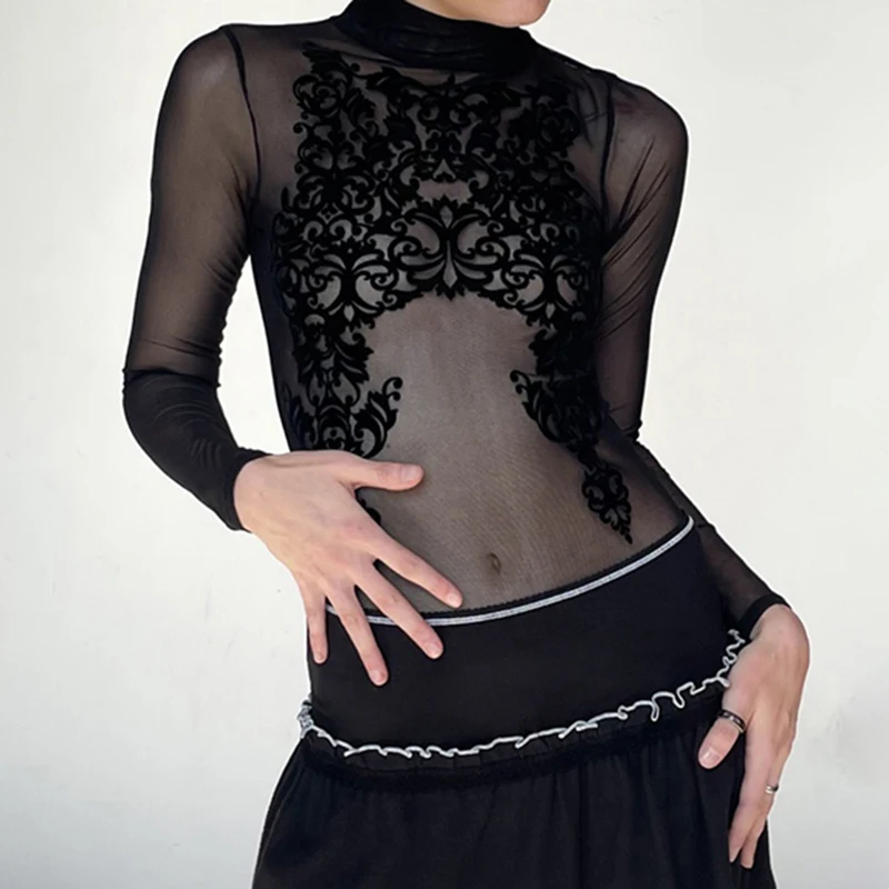 HEYounGIRL сексуальное прозрачное боди с длинными рукавами эстетическим графическим