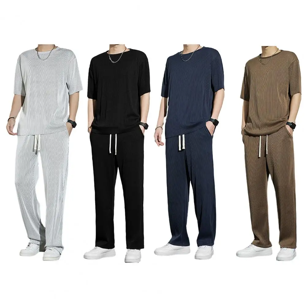 

Футболка и штаны мужские с круглым вырезом, топ с коротким рукавом и брюки на шнуровке, комплект из двух предметов, свободная повседневная одежда, спортивный костюм, 1 комплект, на лето