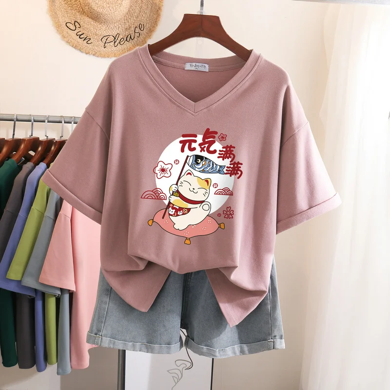 

EBAIHUI 100% Cotton M-6XL T Shirt Japanese Cartoon Anime Tshirt Short Sleeve Women's Top Summer Couple V Neck Oversized T Shirts