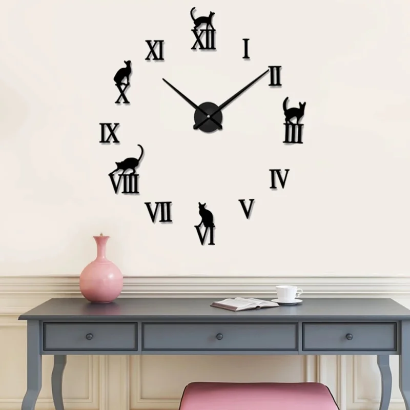 

3d Cat Wall Stickers Large Decorative Roman Number Acrylic Wall Clocks Brief Design Diy Clocks Digital Watch Quartz Living Room