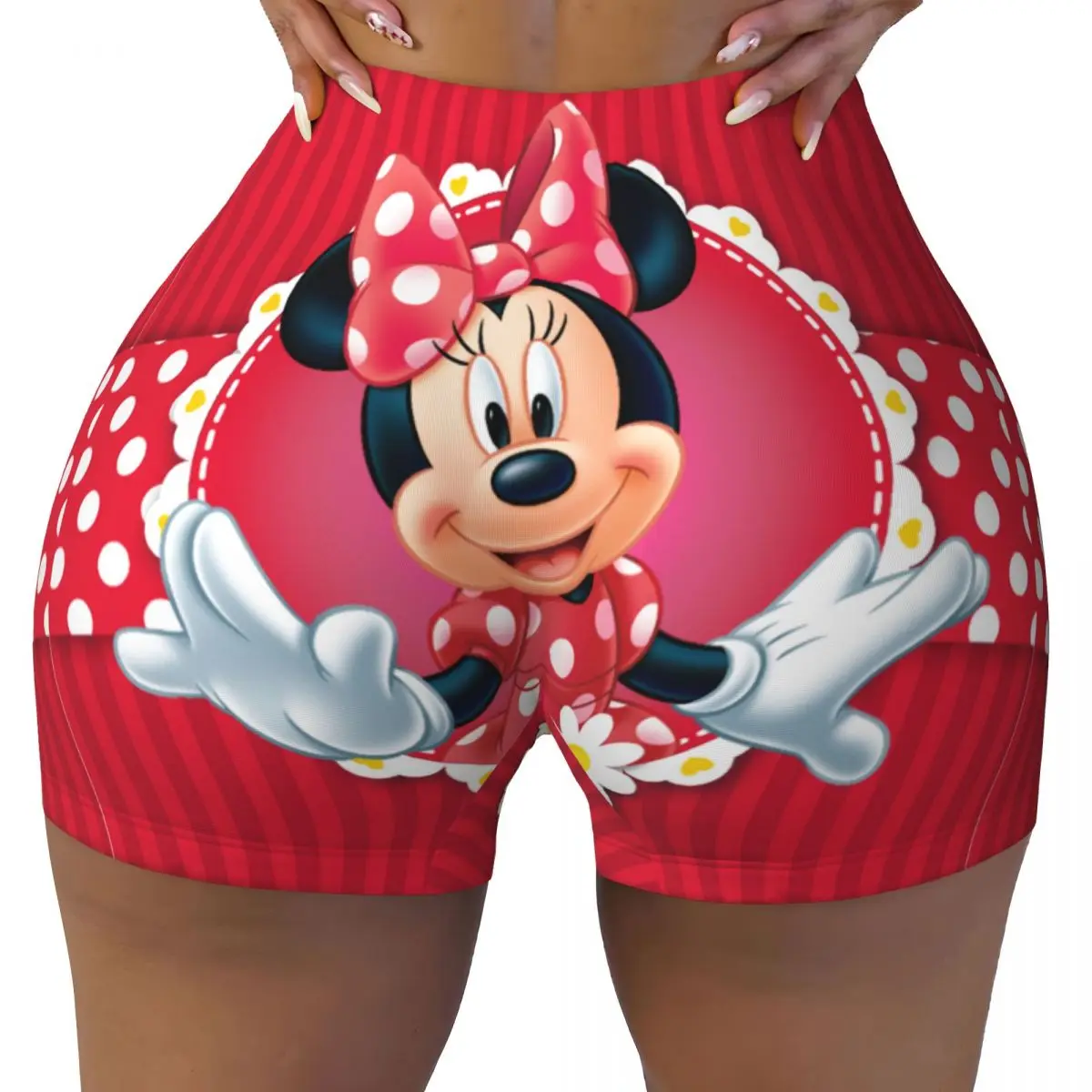 Woman Lift Yoga Sports Shorts Red Minnie Mickey Mouse High Waist Fitness Gym Leggings
