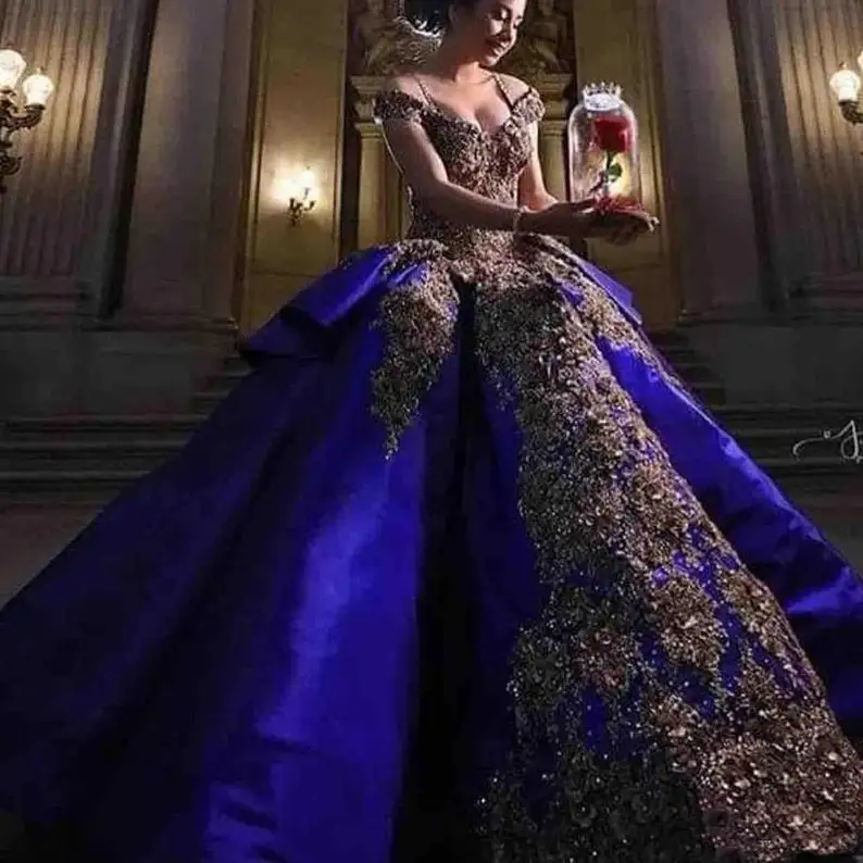 

Luxury Detail Gold Appliques Royal Blue Quinceanera Dresses Corset Masquerade Pageant Prom Party Ball Gown Sweet 15 16 Dress