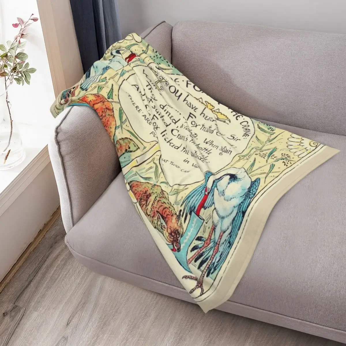 Фото RED FOX AND THE CRANE Art Nouveau Aesop Fables Плед Роскошные одеяла для диванов Модные диваны Одеяла для диванов №3