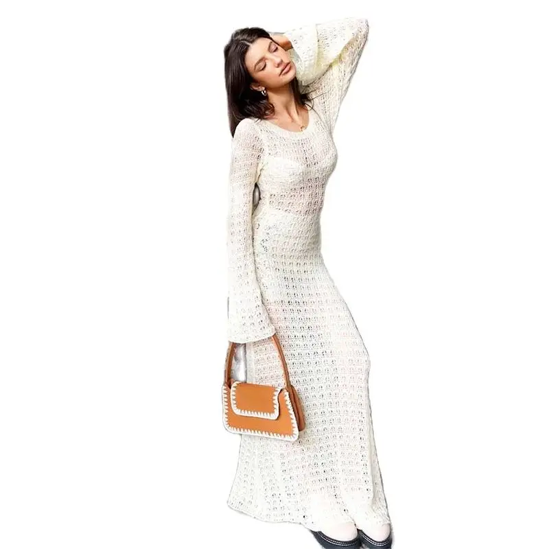 

Женское трикотажное платье с длинным рукавом, однотонное привлекательное прозрачное Сетчатое пляжное платье с вырезом для побережья, лето ...