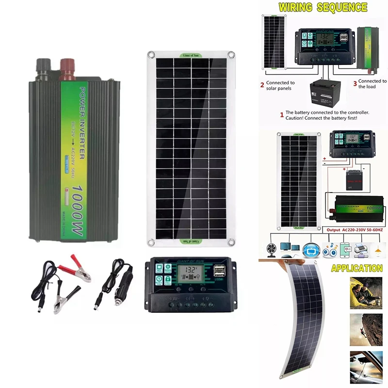 

220V 30W Solar Panel Battery Charger 1000W Inverter USB Kit Complete Controller Solar Power System 2021