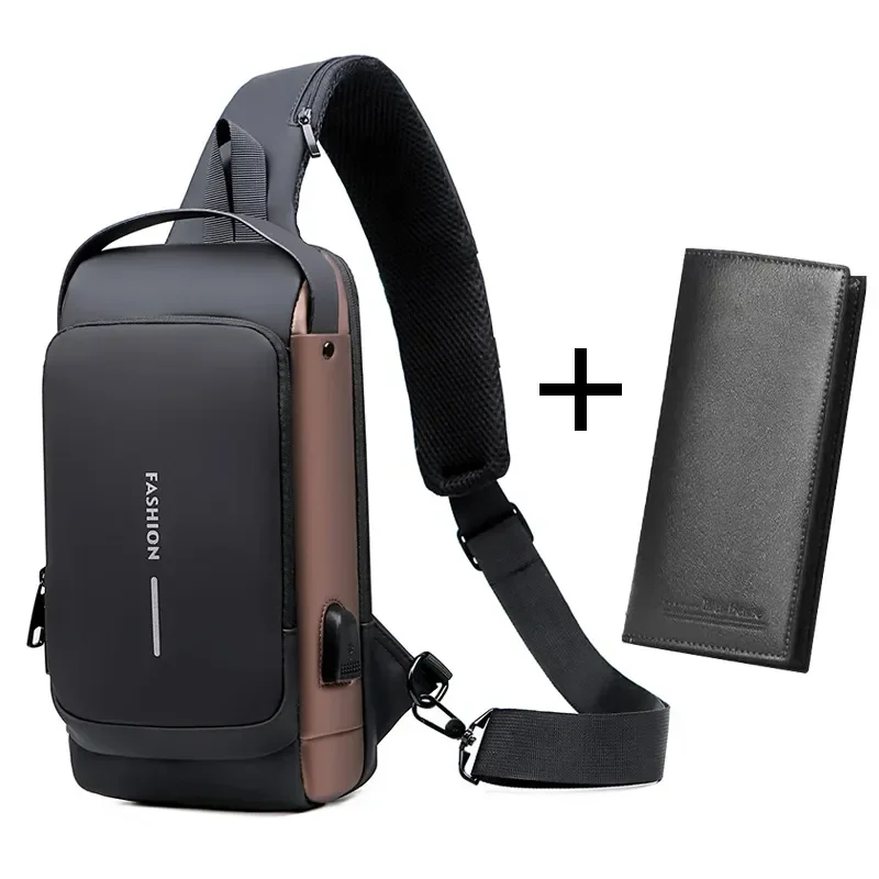 

Men Chest Travel Waterproof Multifunction Bag Male Chest Bag Patent Pack Charging Men Bag Anti-theft USB Leather Crossbody Bag