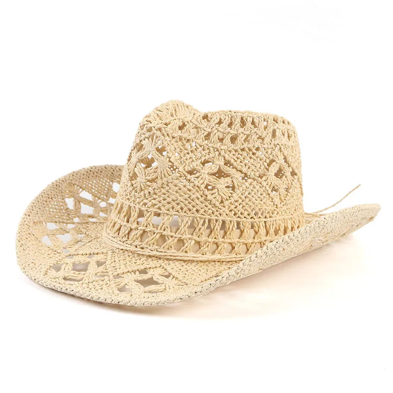 

Fashion Hollowed Handmade Cowboy Straw Hat Women Men Summer Outdoor Travel Beach Sun Hats Unisex Solid Western Sunshade Cap