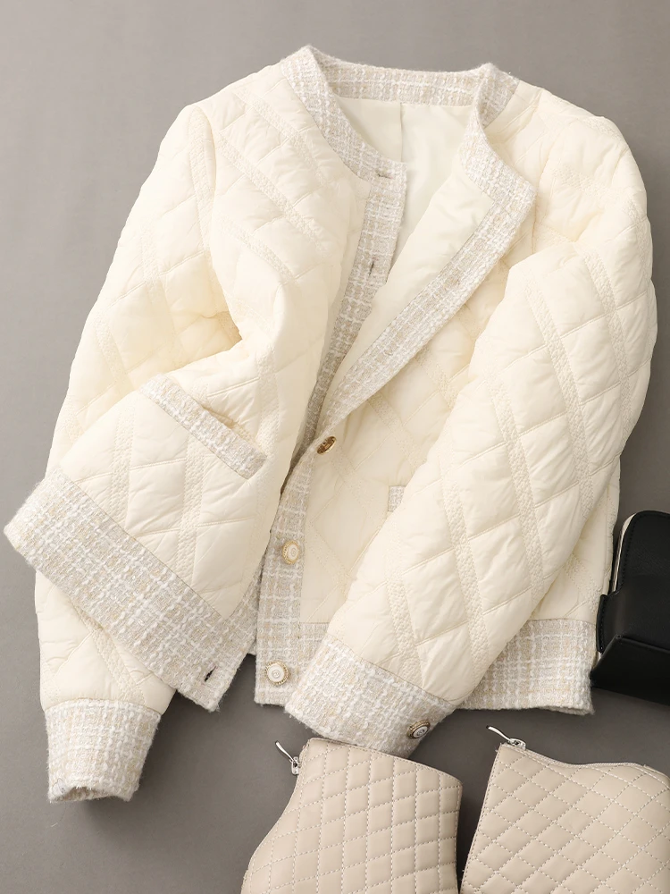 Vimly Winter Parkas Jacket for Women Elegant and Chic Button Spliced Tweed Short Cotton Padded Coat Female Clothing V6686