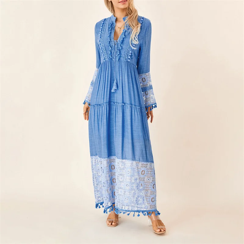 

Женское длинное платье в богемном стиле, Повседневное платье с цветочным кружевом, V-образным вырезом, длинным рукавом и бахромой, осень-весна