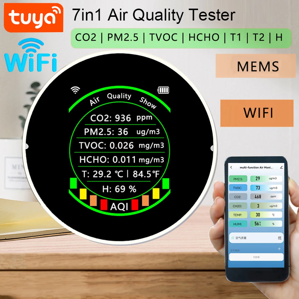 

Датчик качества воздуха Tuya Wi-Fi 7 в 1, измеритель CO2, PM2.5, TVOC, HCHO, AQI, датчик температуры и влажности, детектор диоксида углерода, анализатор воздуха с сигнализацией