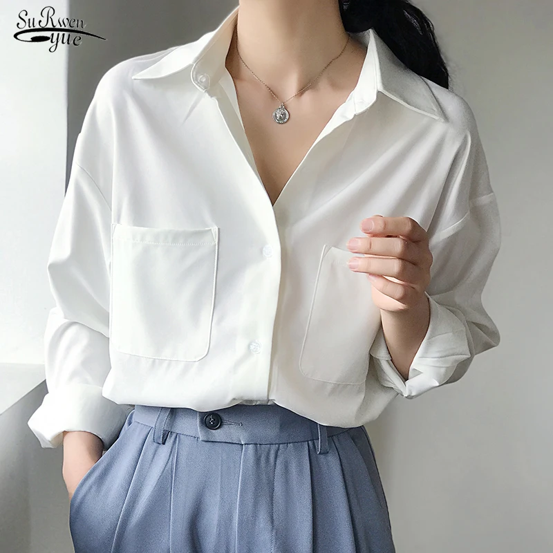 

Loose Turn-down Collar Pockets OL Style White Shirt Women Blouse Tops Elegant Workwear Female Autumn Clothing Blusas Femme 11296