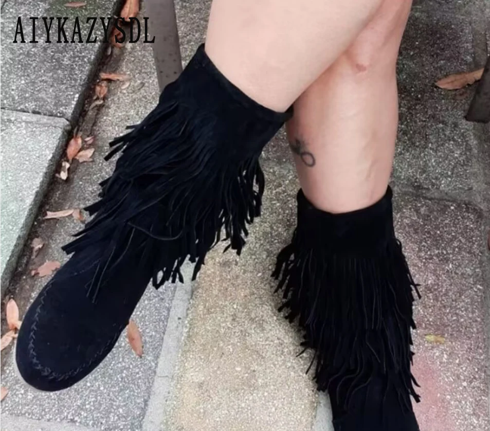 

AIYKAZYSDL Faux Suede Fringe Tassel Moccassin Mid-calf Knight Boots Casual Flat Heel Shoes Bohemia Dress Booties Cowboy Shoes