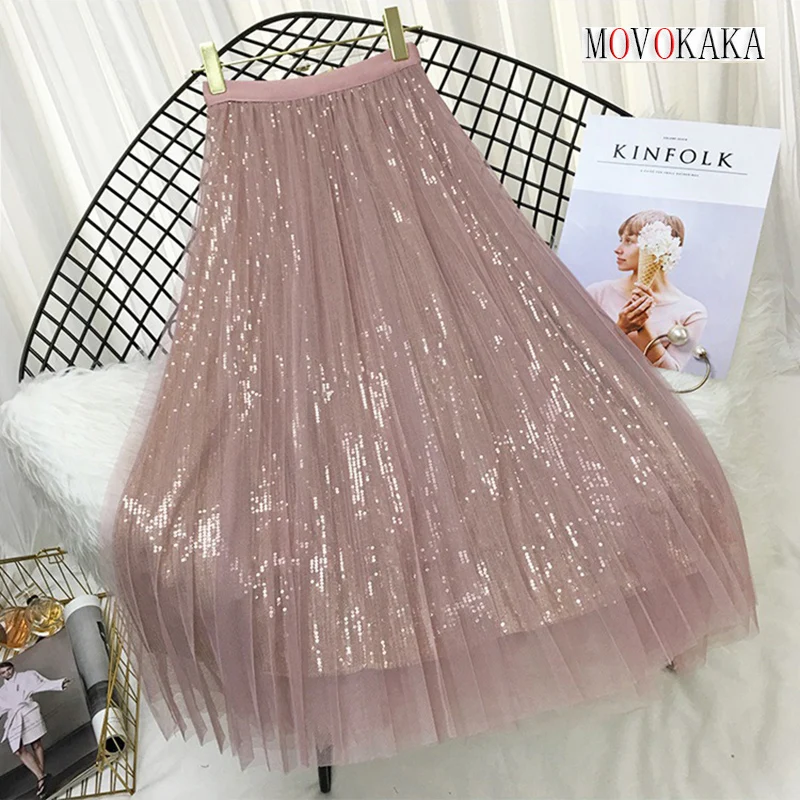 

MOVOKAKA Ladies All Season Mesh Pleated Mid Skirts Women High Waist Solid Color A-line Skirts Sequins Elegant Party Casual Skirt