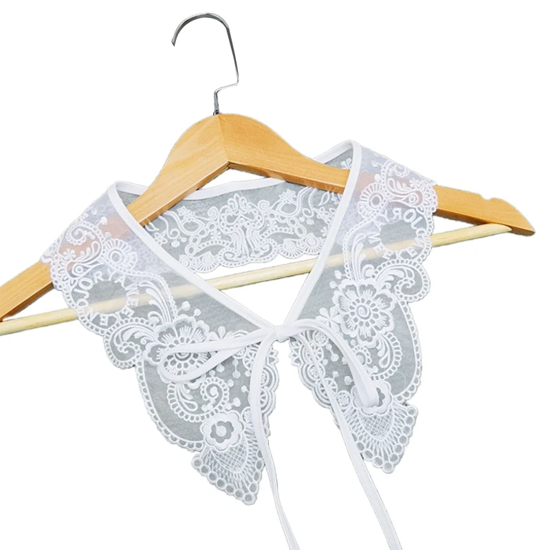 

L21E Women Sweet Embroidery Floral Detachable Collar Shawl Applique for Dress Shirts Tops Decorative Lace-Up Scarf Capelet