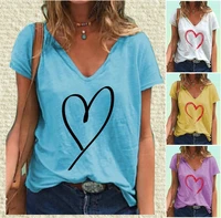 summer v neck t shirt heart print top women casual short sleeve fashion tee shirt blouses ladies loose t shirt