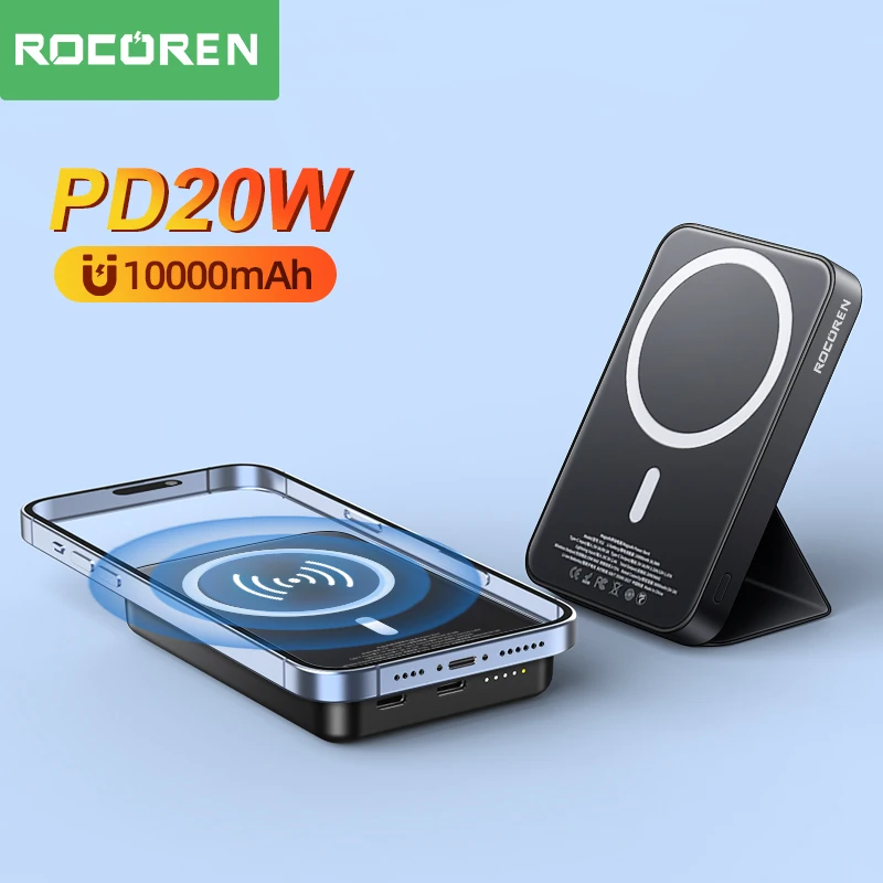 

Rocoren 10000mAh Magnetic Power Bank PD 20W Wireless Charging For iPhone 14 Pro Max 5000mAh Mini Folding Stand External Battery