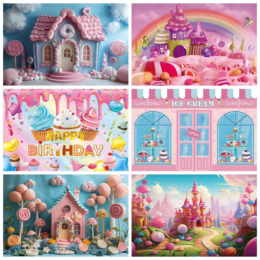 Розовый фон с изображением замка конфет на заказ Candyland мороженое дом для