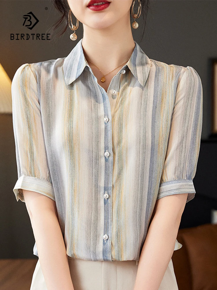 Элегантная рубашка BirdTree из 100% натурального шелка Женская Полосатая Рубашка С