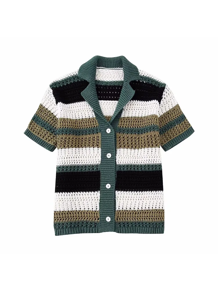 

Women 2023 Spring New Fashion Casual Loose Knitted Sweater Vintage POLO Shirt Collar Short Sleeve Button Female Chic Tops