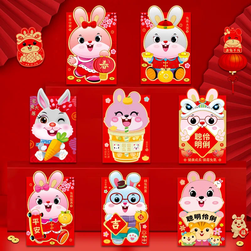 

6Pcs Chinese Hongbao Spring Festival Red Envelopes Cute Rabbit Money Bags 2023 New Year Gift Bag Lucky Red Packet Party Supplies