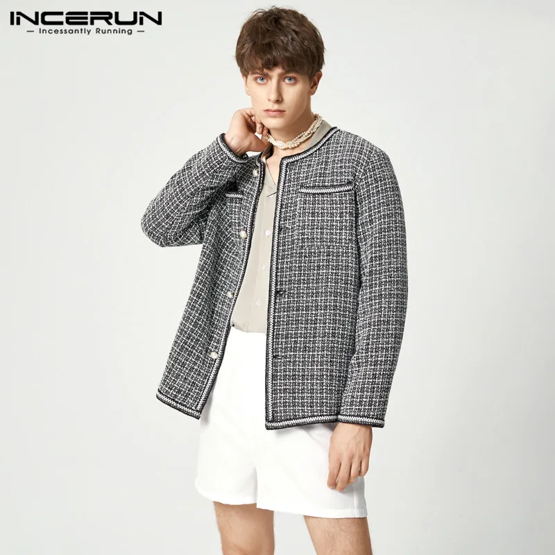 

Модные мужские куртки INCERUN в клетку с круглым вырезом и длинным рукавом, уличная одежда на пуговицах, повседневные тонкие пальто для мужчин, ...
