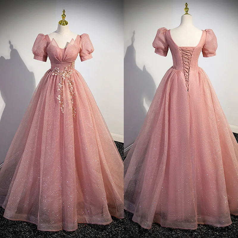 

Evening Dress Short Sleeves Pleat Tulle A-Line Floor-Length Lace Up Pink Square Collar Sequins Party Formal Dresses Woman B2762