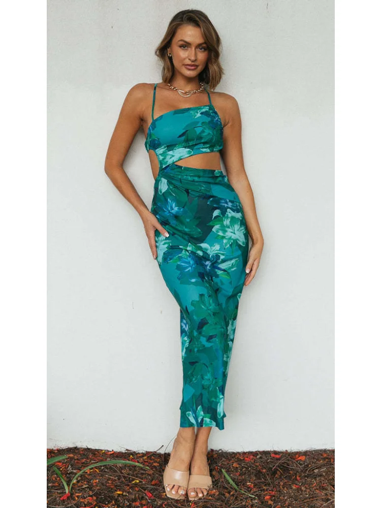 

Women Summer Print Floral Maxi Long Dress Elegant Casual Fashion Office Lady Bodycon Slim Backless Streetwear Dress New 2023