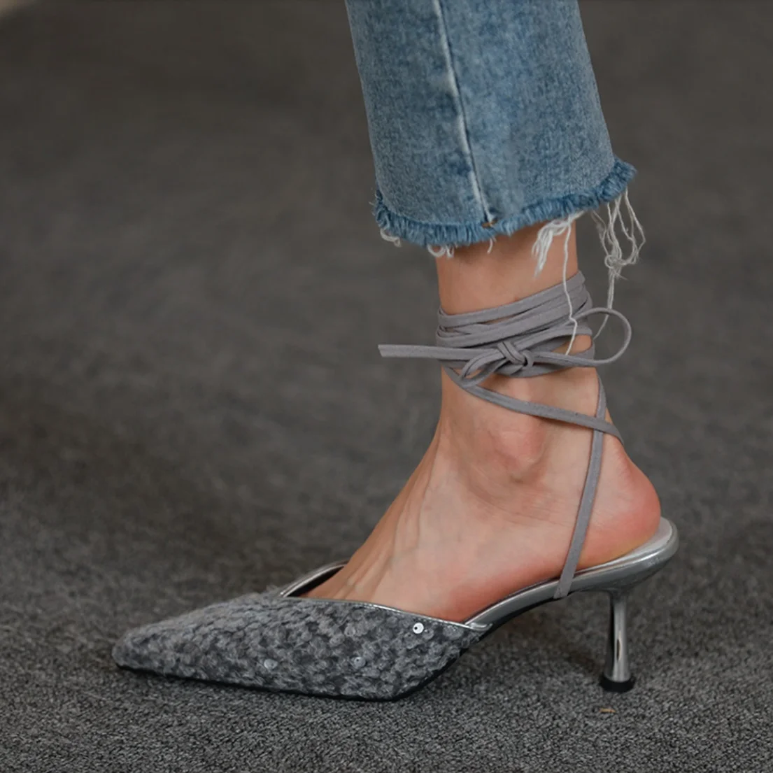 

Босоножки женские с блестками, элегантные туфли-лодочки с перекрестной шнуровкой, свадебная обувь на каблуке 7 см, заостренный носок, лето