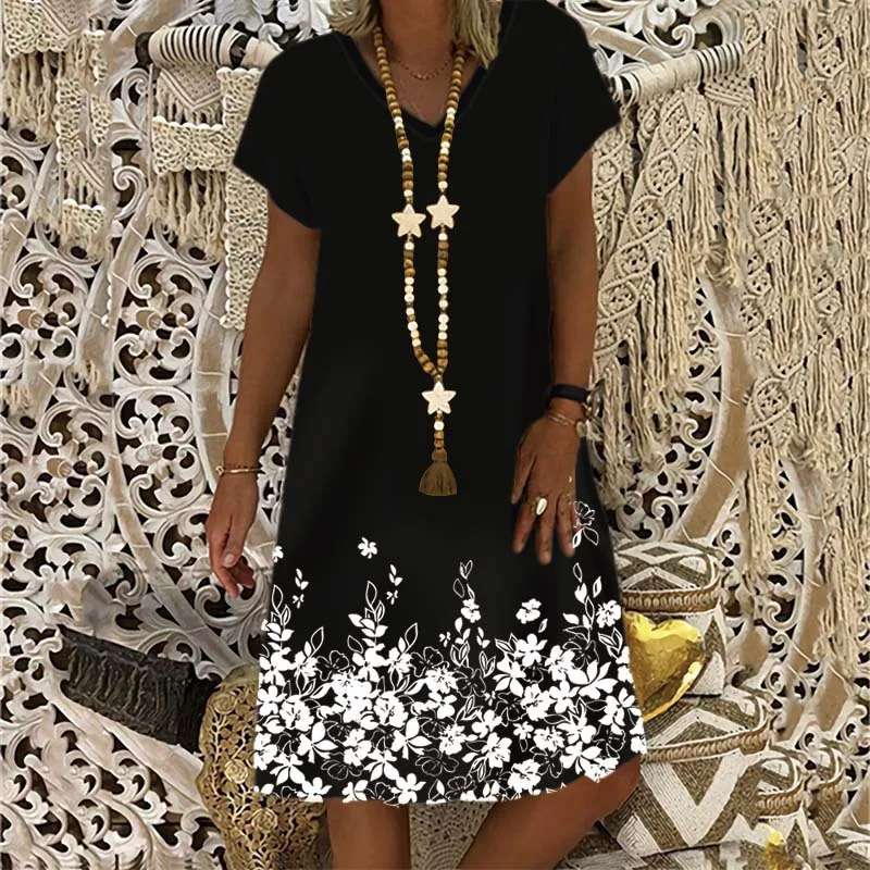 

Женское летнее платье с V-образным вырезом, коротким рукавом и принтом